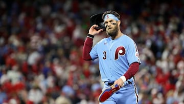 PHILADELPHIA, PENNSYLVANIA - NOVEMBER 03: Bryce Harper #3 of the Philadelphia Phillies reacts after losing to the Houston Astros 3-2 in Game Five of the 2022 World Series at Citizens Bank Park on November 03, 2022 in Philadelphia, Pennsylvania.   Tim Nwachukwu/Getty Images/AFP