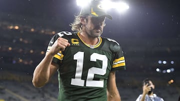 GREEN BAY, WISCONSIN - SEPTEMBER 20: Aaron Rodgers #12 of the Green Bay Packers reacts as he walks of the field following the team&#039;s win against the Detroit Lions during an NFL football game at Lambeau Field on September 20, 2021 in Green Bay, Wiscon