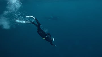 El cinco veces campeón mundial de apnea, el francés Arthur Guerin-Boeri, nada junto a una orca en el Océano Glaciar Ártico.