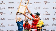 BELLS BEACH, VICTORIA, AUSTRALIA - APRIL 3: (L-R) Caitlin Simmers of the United States and Cole Houshmand of the United States at the presentation of the Rip Curl Pro Bells Beach on April 3, 2024 at Bells Beach, Victoria, Australia. (Photo by Ed Sloane/World Surf League)