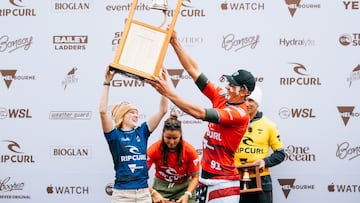 BELLS BEACH, VICTORIA, AUSTRALIA - APRIL 3: (L-R) Caitlin Simmers of the United States and Cole Houshmand of the United States at the presentation of the Rip Curl Pro Bells Beach on April 3, 2024 at Bells Beach, Victoria, Australia. (Photo by Ed Sloane/World Surf League)