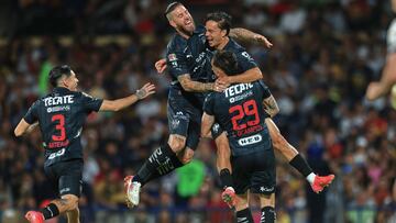 Iker Fimbres celebrates his goal 0-2 with Lucas Ocampos, Gerardo Arteaga, Sergio Ramos  of Monterrey during the 12th round match between Pumas UNAM and Monterrey as part of the Liga BBVA MX, Torneo Clausura 2025 at Olimpico Universitario Stadium, on March 16, 2025 in Mexico City, Mexico.