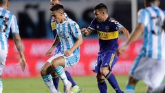 JJPANA8887. AVELLANEDA (ARGENTINA), 16/12/2020.- Mat&iacute;as Rojas (i) de Racing disputa un bal&oacute;n con Carlos Tevez de Boca hoy, en un partido de los cuartos de final de la Copa Libertadores entre Racing Club y Boca Juniors en el estadio Presidente Per&oacute;n en Buenos Aires (Argentina). EFE/ Juan Ignacio Roncoroni POOL