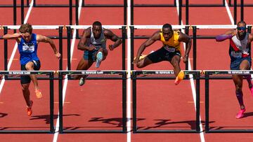 EUGENE, OREGON - SEPTEMBER 17: Grant Holloway of the United States (second from left) and Hansle Parchment (second from right) of Jamaica compete in the Men's 110m Hurdles during the 2023 Prefontaine Classic and Wanda Diamond League Final at Hayward Field on September 17, 2023 in Eugene, Oregon.   Ali Gradischer/Getty Images/AFP (Photo by Ali Gradischer / GETTY IMAGES NORTH AMERICA / Getty Images via AFP)