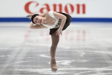 Kim Hanul de Corea se presenta el 21 de marzo de 2018 durante el programa corto de patinaje artístico femenino en el Campeonato Mundial de ISU de Milano ISU 2018. Fotografía de Marco Bertorello  / AFP PHOTO 