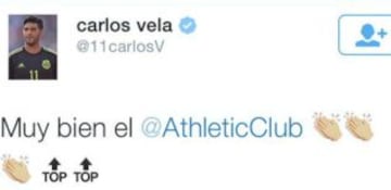 El tuit que escribió ayer Carlos Vela durante el juego entre el Athletic de Bilbao y el Barcelona que lo hizo objeto de críticas e insultos de parte de la afición de su equipo, la Real Sociedad.