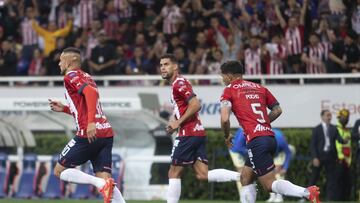   Sergio Flores celebrates his goal 2-4 of  during the game Guadalajara vs America, corresponding to Round 12 of the Torneo Clausura 2023 "Clasico de Mexico" of the Liga BBVA MX, at Akron Stadium, on March 18, 2023.

<br><br>

Sergio Flores celebra su gol 2-4 de Guadalajara durante el partido Guadalajara vs America, Correspondiente a la Jornada 12 del Torneo Clausura 2023 "Clasico de Mexico" de la Liga BBVA MX, en el Estadio Akron, el 18 de Marzo de 2023.