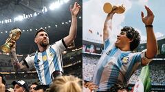 (COMBO) This combination of pictures created on December 18, 2022 shows Argentina's forward Lionel Messi (L) holding the World Cup trophy after beating France during the Qatar 2022 World Cup final football match at Lusail Stadium in Lusail, north of Doha on December 18, 2022 and Argentina's captain Diego Armando Maradona (R) holding the World Cup  trophy won by his team after a 3-2 victory over West Germany on June 29, 1986 at the Azteca Stadium in Mexico City. (Photo by Anne-Christine POUJOULAT / AFP)