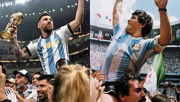 (COMBO) This combination of pictures created on December 18, 2022 shows Argentina's forward Lionel Messi (L) holding the World Cup trophy after beating France during the Qatar 2022 World Cup final football match at Lusail Stadium in Lusail, north of Doha on December 18, 2022 and Argentina's captain Diego Armando Maradona (R) holding the World Cup  trophy won by his team after a 3-2 victory over West Germany on June 29, 1986 at the Azteca Stadium in Mexico City. (Photo by Anne-Christine POUJOULAT / AFP)