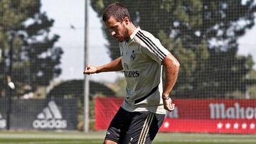 Eden Hazard, durante el último entrenamiento del Real Madrid previo al partido de la 33ª jornada de LaLiga Santander contra el Getafe.