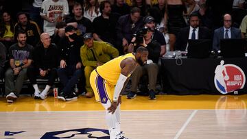 LOS ANGELES, CALIFORNIA - MAY 12: LeBron James #6 of the Los Angeles Lakers takes a breather during a break in the action against the Golden State Warriors during the Western Conference Semifinal Playoff game at Crypto.com Arena on May 12, 2023 in Los Angeles, California. Lakers eliminated the Warriors, 122-101. NOTE TO USER: User expressly acknowledges and agrees that, by downloading and or using this photograph, User is consenting to the terms and conditions of the Getty Images License Agreement. Kevork Djansezian/Getty Images/AFP (Photo by KEVORK DJANSEZIAN / GETTY IMAGES NORTH AMERICA / Getty Images via AFP)