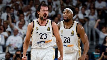 Sergio Llull, base del Real Madrid, celebra un triple ante el Armani Milán en la Euroliga.