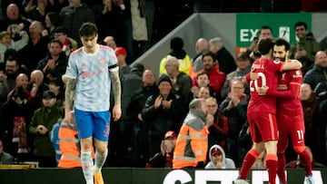 LIVERPOOL, ENGLAND - APRIL 19: Mohamed Salah of Liverpool  celebrates scoring their fourth goal during the Premier League match between Liverpool and Manchester United at Anfield on April 19, 2022 in Liverpool, England. (Photo by Ash Donelon/Manchester United via Getty Images)