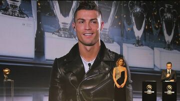 Cristiano Ronaldo speaks, via a video link live from Madrid after he was selected as the Best Player of the Year, during Dubai Football Gala & Globe Soccer Awards Ceremony in Dubai,