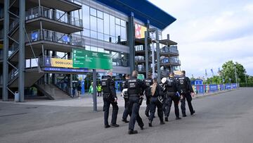 Police officers patrol around the Arena AufSchalke ahead of the UEFA Euro 2024 Group C football match between Serbia and England in Gelsenkirchen on June 16, 2024. (Photo by INA FASSBENDER / AFP)