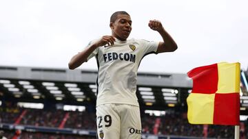 Monaco&#039;s French forward Kylian Mbappe Lottin celebrates after scoring a goal during the French L1 football match between Caen (SMC) and Monaco (AS), on March 19, 2017 