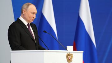 Russian President Vladimir Putin delivers his annual address to the Federal Assembly, in Moscow, Russia, February 29, 2024. Sputnik/Gavriil Grigorov/Kremlin via REUTERS ATTENTION EDITORS - THIS IMAGE WAS PROVIDED BY A THIRD PARTY.