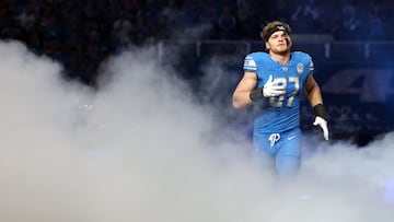 DETROIT, MICHIGAN - SEPTEMBER 24: Aidan Hutchinson #97 of the Detroit Lions prior to a game against the Atlanta Falcons at Ford Field on September 24, 2023 in Detroit, Michigan. Rey Del Rio/Getty Images/AFP (Photo by Rey Del Rio / GETTY IMAGES NORTH AMERICA / Getty Images via AFP)