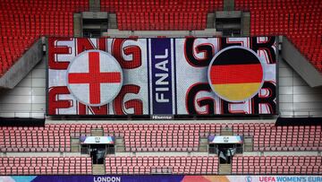 A photograph taken on July 30, 2022 shows a screen displaying the England and Germany's flags on the eve of their UEFA Women's Euro 2022 final football match.