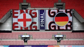 A photograph taken on July 30, 2022 shows a screen displaying the England and Germany's flags on the eve of their UEFA Women's Euro 2022 final football match.