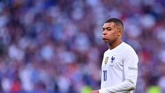 PARIS, FRANCE - JUNE 13: Kylian Mbappe of France reacts during the UEFA Nations League League A Group 1 match between France and Croatia at Stade de France on June 13, 2022 in Paris, France. (Photo by Aurelien Meunier/Getty Images)