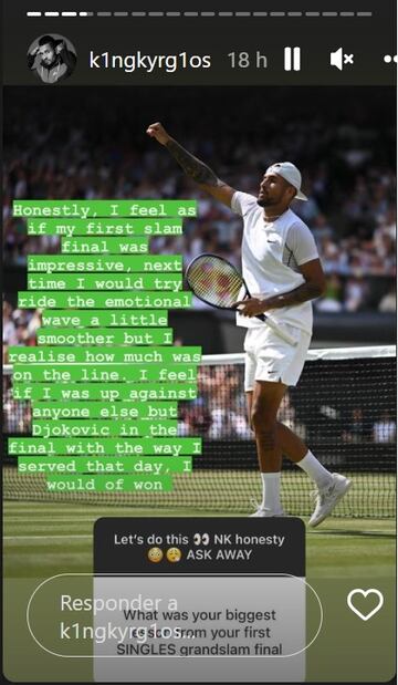 Historia de Nick Kyrgios en Instagram en la que reveló las lecciones que aprendió en la final de Wimbledon.