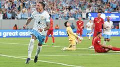 Jun 27, 2024; East Rutherford, NJ, USA; Uruguay forward Darwin Nunez (19) celebrates his goal past Bolivia goalkeeper Guillermo Viscarra (23) during the first half of the Copa America match at MetLife Stadium. Mandatory Credit: Vincent Carchietta-USA TODAY Sports