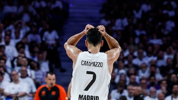 El base del Real Madrid Facundo Campazzo, durante el partido de la fase regular de la Euroliga de baloncesto que Real Madrid y Panathinaikos disputan este jueves en el Movistar Arena.