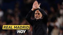 Pep Guardiola celebra en rueda de prensa la victoria ante el Real Madrid en Champions League
