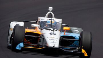 May 23, 2022; Indianapolis, Indiana, Aarow McLaren SP driver Juan Pablo Montoya (6) practices after qualifying for the 106th Indianapolis 500 at the Indianapolis Motor Speedway. Mandatory Credit: Marc Lebryk-USA TODAY Sports