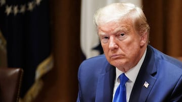 US President Donald Trump looks on during a meeting with military leaders and his national security team in the Cabinet Room of the White House in Washington, DC on May 9, 2020.