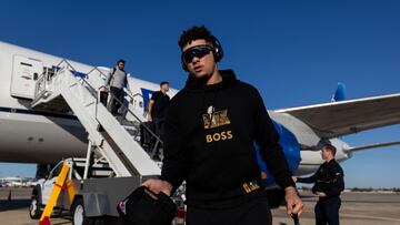KENNER, LOUISIANA - FEBRUARY 2: Patrick Mahomes #15 of the Kansas City Chiefs looks on as he arrives at Louis Armstrong New Orleans International Airport on February 02, 2025 in Kenner, Louisiana. (Photo by Michael Owens/Getty Images)