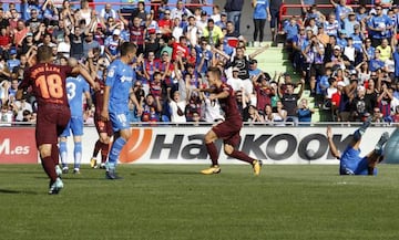 Denis Suarez delights at scoring Barca's first against Getafe.