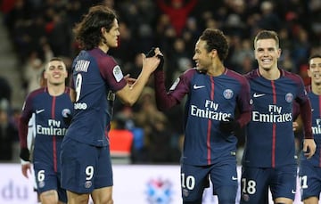 All smiles | Neymar Jr of PSG celebrates his first goal with Marco Verratti, Edinson Cavani and Giovani Lo Celso against Dijon.