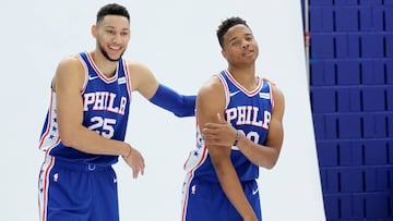 CAMDEN, NJ - SEPTEMBER 25: Ben Simmons #25 and Markelle Fultz #20 of the Philadelphia 76ers joke around during a photo shoot together during Philadelphia 76ers Media Day on September 25, 2017 at the Philadelphia 76ers Training Complex in Camden, New Jersey.NOTE TO USER: User expressly acknowledges and agrees that, by downloading and/or using this photograph, user is consenting to the terms and conditions of the Getty Images License Agreement.   Abbie Parr/Getty Images/AFP
 == FOR NEWSPAPERS, INTERNET, TELCOS &amp; TELEVISION USE ONLY ==