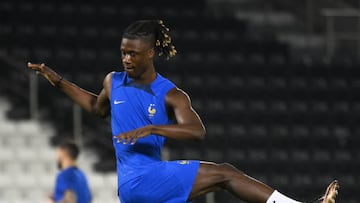 France's midfielder Eduardo Camavinga takes part in a training session at Al Sadd SC Stadium in Doha on November 25, 2022, on the eve of the Qatar 2022 World Cup football tournament Group D match between France and Denmark. (Photo by FRANCK FIFE / AFP) (Photo by FRANCK FIFE/AFP via Getty Images)