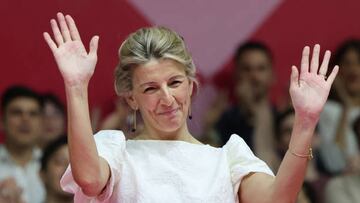 Spanish Minister of Labour Yolanda Diaz waves as she attends a rally on April 2, 2023, in Madrid, to announce her candidacy for the December 2023 general elections. - Spain's Labour Minister Yolanda Diaz today is expected to say she will stand in a year-end general election as the head of the far-left wing new political movement called "Sumar", or "Add", whose support Socialist Prime Minister Pedro Sanchez will need to stay in office. Polls consistently show Diaz, a deputy prime minister in Sanchez's coalition government and lifelong member of the Communist party, is Spain's most popular politician. (Photo by Thomas COEX / AFP) (Photo by THOMAS COEX/AFP via Getty Images)