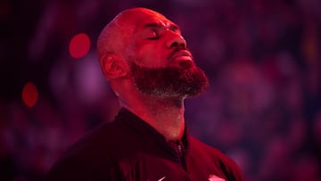Jan 17, 2026; Portland, Oregon, USA; Los Angeles Lakers forward LeBron James (23) stands during the singing of the national anthem before a game against the Portland Trail Blazers at Moda Center. Mandatory Credit: Troy Wayrynen-Imagn Images