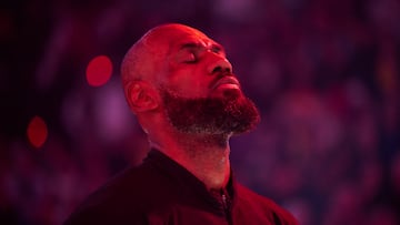 Jan 17, 2026; Portland, Oregon, USA; Los Angeles Lakers forward LeBron James (23) stands during the singing of the national anthem before a game against the Portland Trail Blazers at Moda Center. Mandatory Credit: Troy Wayrynen-Imagn Images