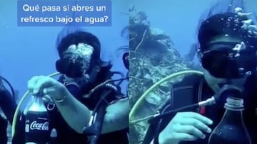 Buceadora abre una Coca-Cola bajo el agua en Isla Cozumel (M&eacute;xico).