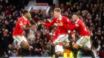 MANCHESTER, ENGLAND - OCTOBER 13:   Scott McTominay of Manchester United celebrates scoring a goal to make the score 1-0 during the UEFA Europa League group E match between Manchester United and Omonia Nicosia at Old Trafford on October 13, 2022 in Manchester, United Kingdom. (Photo by Ash Donelon/Manchester United via Getty Images)