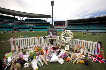 Tributes to Australian cricketer Phillip Hughes are displayed on the pitch at the Sydney Cricket Ground, December 3, 2014.