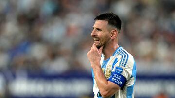 Argentina's forward #10 Lionel Messi gestures during the Conmebol 2024 Copa America tournament semi-final football match between Argentina and Canada at MetLife Stadium, in East Rutherford, New Jersey on July 9, 2024. (Photo by JUAN MABROMATA / AFP)