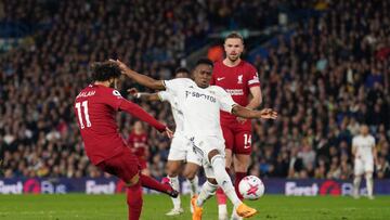 Liverpool's Mohamed Salah scores their side's fourth goal of the game during the Premier League match at Elland Road, Leeds. Picture date: Monday April 17, 2023. (Photo by Tim Goode/PA Images via Getty Images)