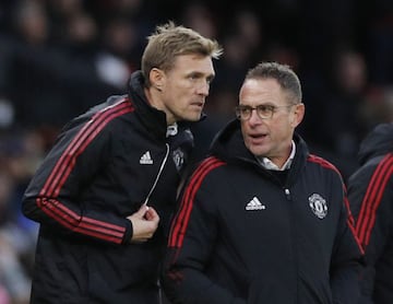 Soccer Football - Premier League - Manchester United v Crystal Palace - Old Trafford, Manchester, Britain - December 5, 2021 Manchester United interim manager Ralf Rangnick with technical director Darren Fletcher REUTERS/Phil Noble EDITORIAL USE ONLY. No 