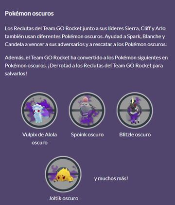 Pokémon Oscuros disponibles en Toma de Control del Team GO Rocket (febrero 2023) en Pokémon GO