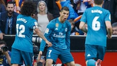 Cristiano celebra uno de sus dos goles en Mestalla.