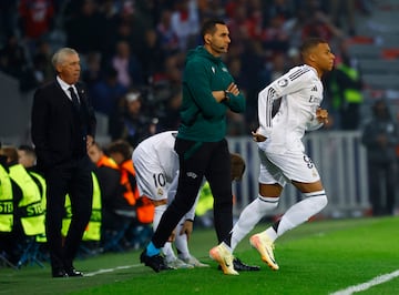 Real Madrid's Kylian Mbappe comes on as a substitute as coach Carlo Ancelotti looks on against Lille.