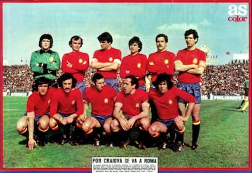 Equipación de la Selección Española durante 1979 a 1981. Fotografía correspondiente a un España-Rumanía en Cracovia en 1979.