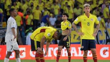 Colombia's forward Luis Diaz reacts after tying 2-2 in the 2026 FIFA World Cup South American qualification football match between Colombia and Uruguay at the Roberto Melendez Metropolitan Stadium in Barranquilla, Colombia, on October 12, 2023. (Photo by Raul ARBOLEDA / AFP)